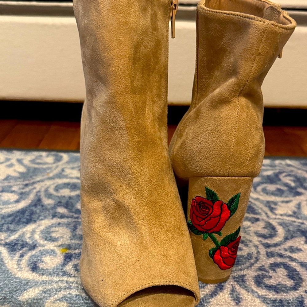 Wild Diva Tan Heeled Boots with Red Rose Embroidery